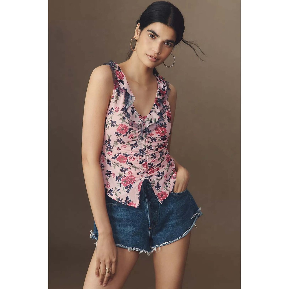 anthropologie nwt vneck boho M pink‎ feminine romantic floral blouse top cottage